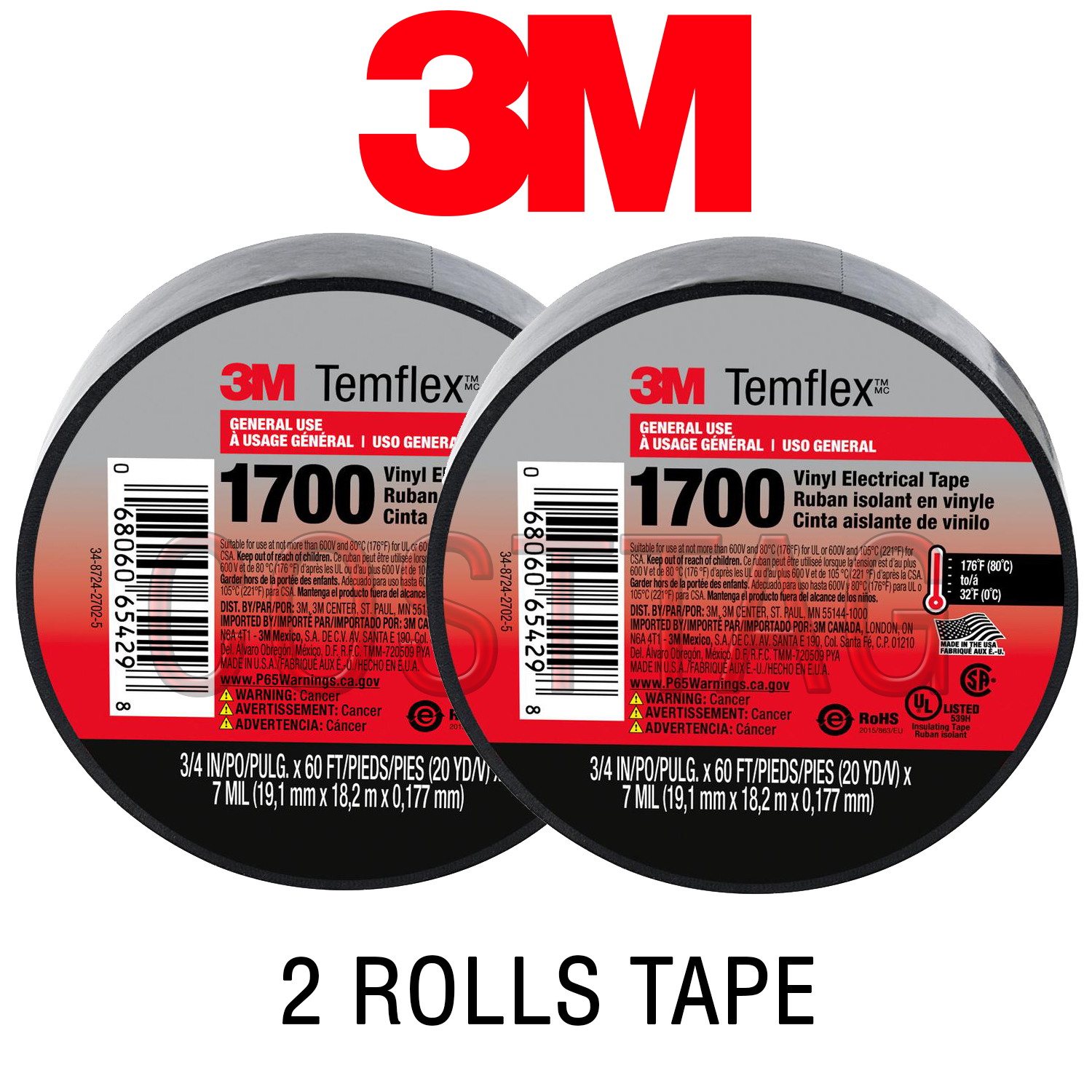 (2 ROLLS) 3M TEMFLEX 1700 ELECTRICAL TAPE BLACK 3/4" x 60 FT INSULATED ELECTRIC
