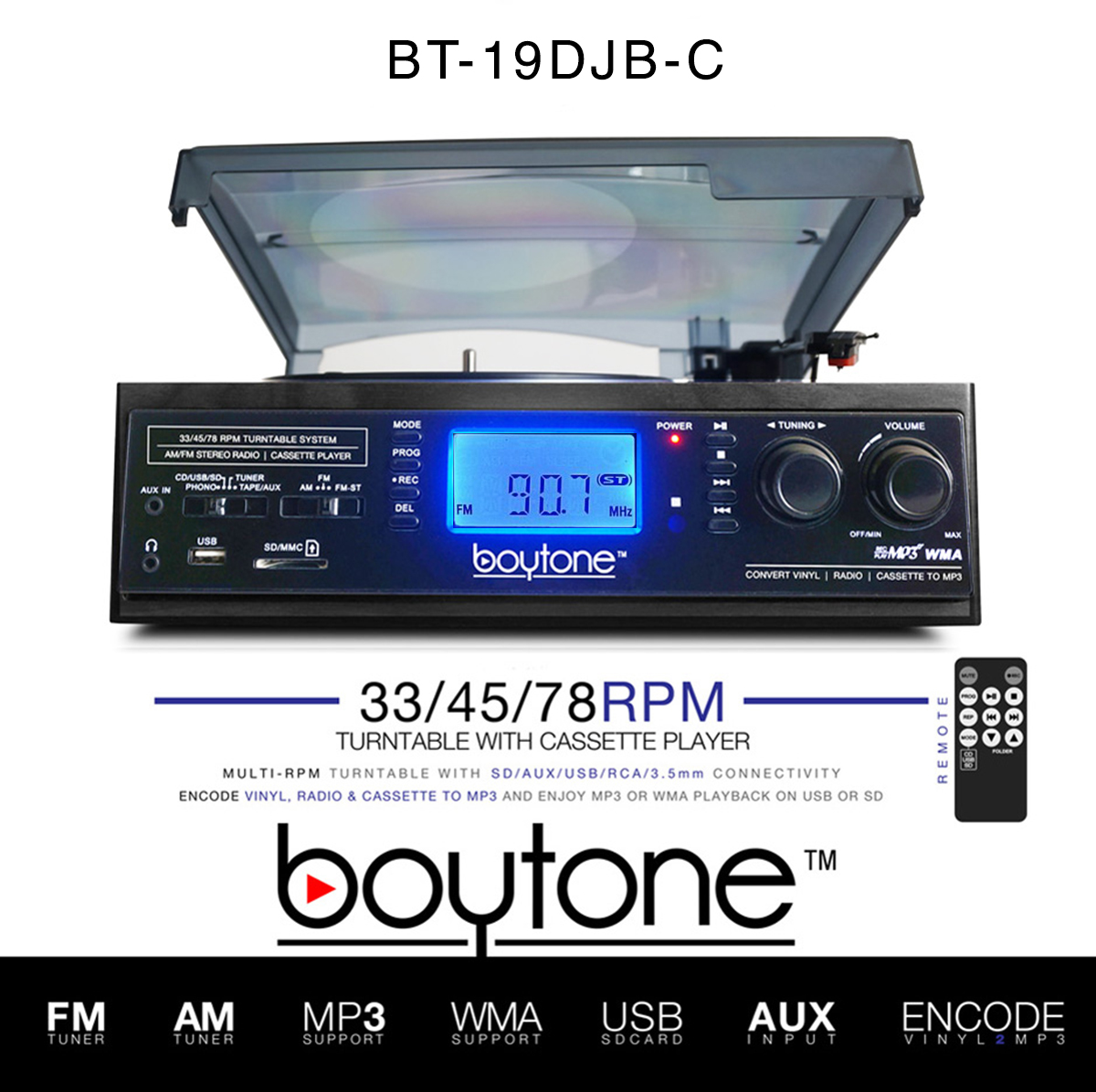 BOYTONE BT-19DJB-C 3-Speed Stereo Turntable - 33/45/78 RPM with AM-FM Radio