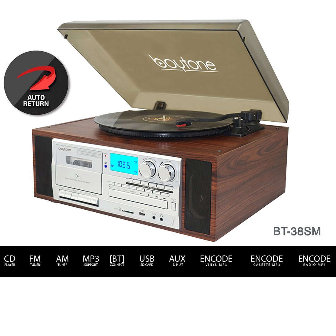 Boytone BT-38SM, Bluetooth Classic Style Record Player Turntable with AM/FM Radio, CD / Cassette Player Boytone BT-38SM, Bluetooth Classic Style Record Player Turntable with AM/FM Radio, CD / Cassette Player
