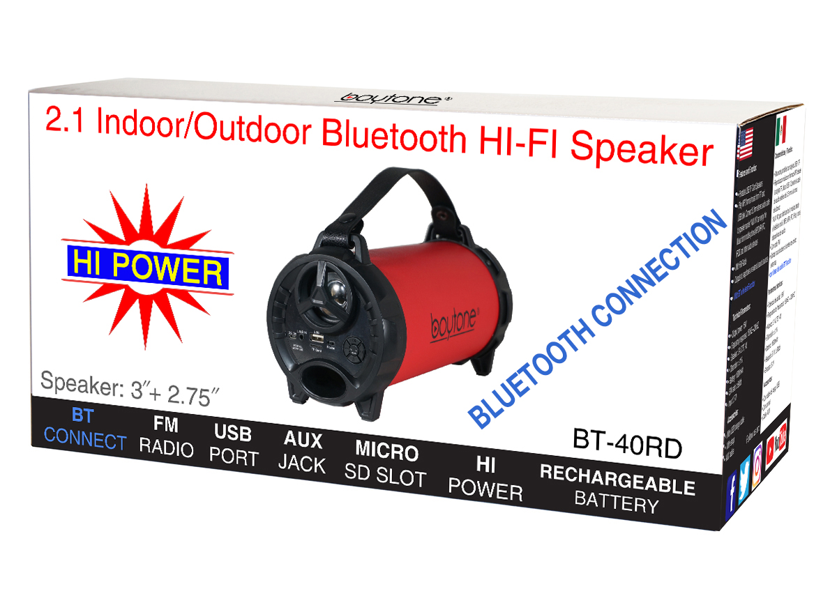 Boytone BT-40RD Portable Bluetooth Indoor/Outdoor Speaker 2.1 Hi-Fi Cylinder Loud Speaker with Built-in 2x3 Sub