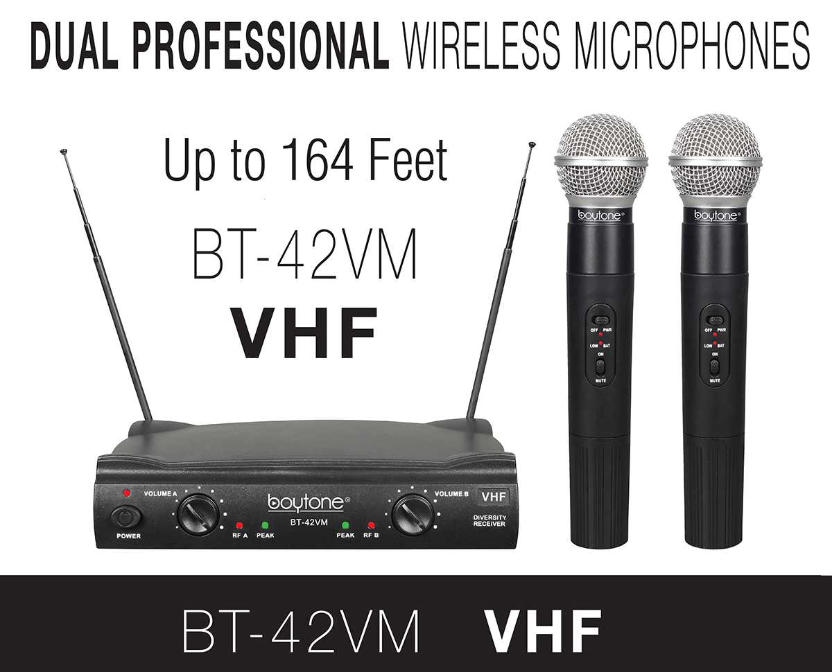 Boytone BT-42VM Dual Channel Wireless Microphone System - VHF Fixed Dual Frequency Wireless Mic Receiver