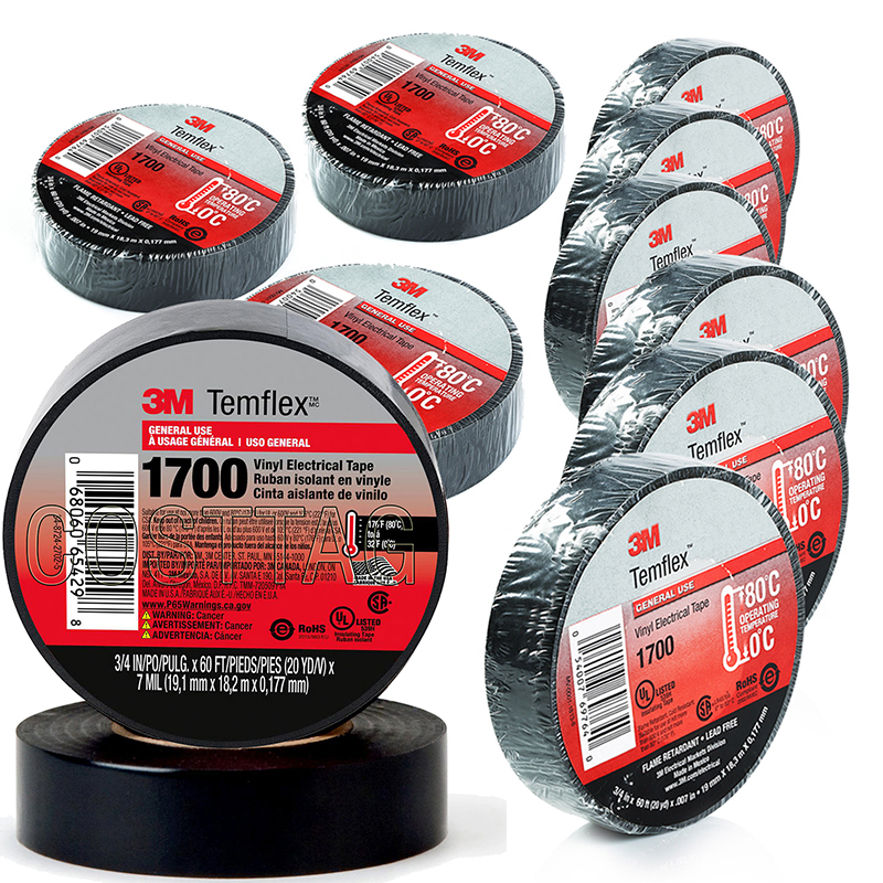 (10 ROLLS) 3M TEMFLEX 1700 ELECTRICAL TAPE BLACK 3/4" x 60 FT INSULATED ELECTRIC