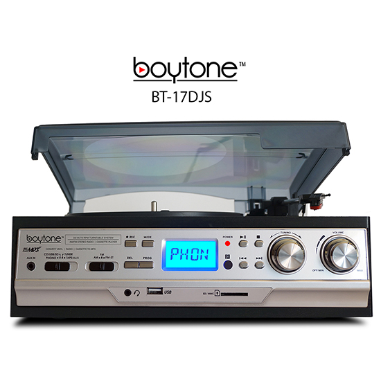 Boytone BT-17DJS 3-Speed Stereo Turntable 33/45/78 RPM with AM-FM Radio Boytone BT-17DJS 3-Speed Stereo Turntable 33/45/78 RPM with AM-FM Radio