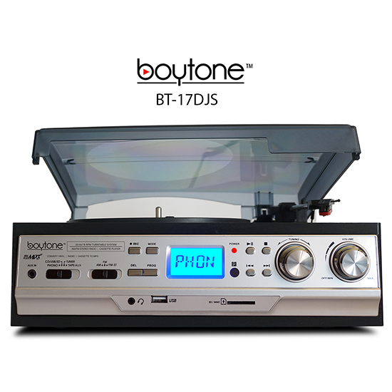 Boytone BT-17DJS 3-Speed Stereo Turntable 33/45/78 RPM with AM-FM Radio