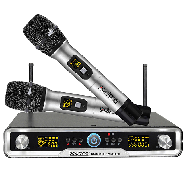 Boytone BT-48UM 100 Channels Pro Dual UHF Wireless Digital Metal Microphone-Base System, 2 Handheld