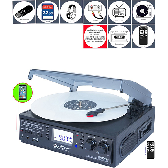 BOYTONE BT-19DJB-C 3-Speed Stereo Turntable - 33/45/78 RPM with AM-FM Radio BOYTONE BT-19DJB-C 3-Speed Stereo Turntable - 33/45/78 RPM with AM-FM Radio