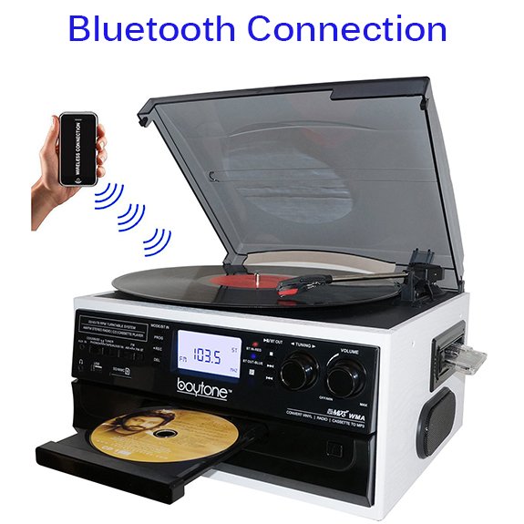 Boytone BT-22WT, Bluetooth Record Player Turntable, AM/FM Radio, Cassette, CD Player Boytone BT-22WT, Bluetooth Record Player Turntable, AM/FM Radio, Cassette, CD Player