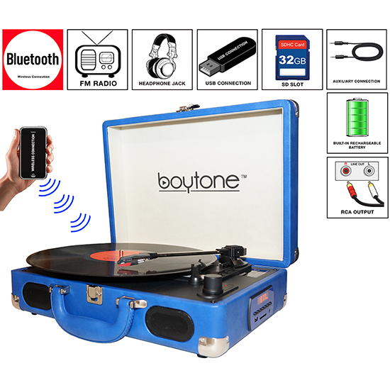 Boytone BT-101BL Bluetooth Turntable Briefcase Record player AC-DC, Built in Recharg