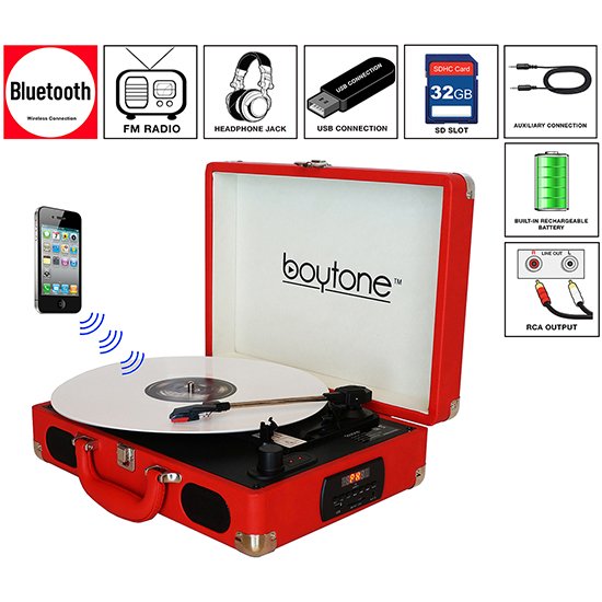 Boytone BT-101RD Bluetooth Turntable Briefcase Record player AC-DC, Built in Recharg