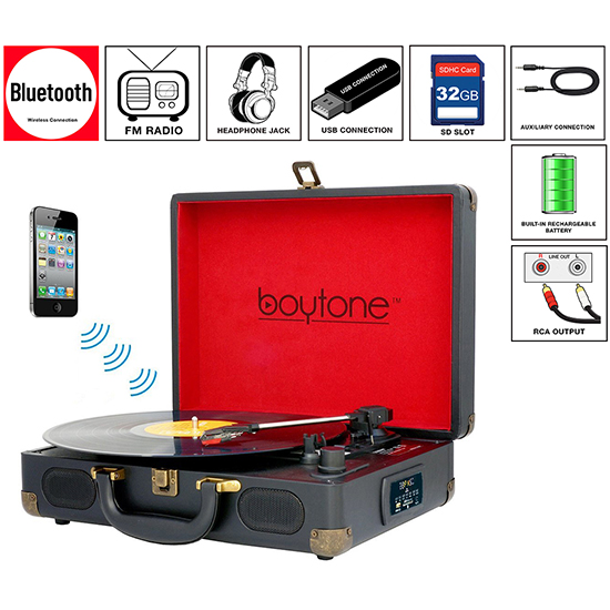 Boytone BT-101B Bluetooth Turntable Briefcase Record player AC-DC, Built in Recharge