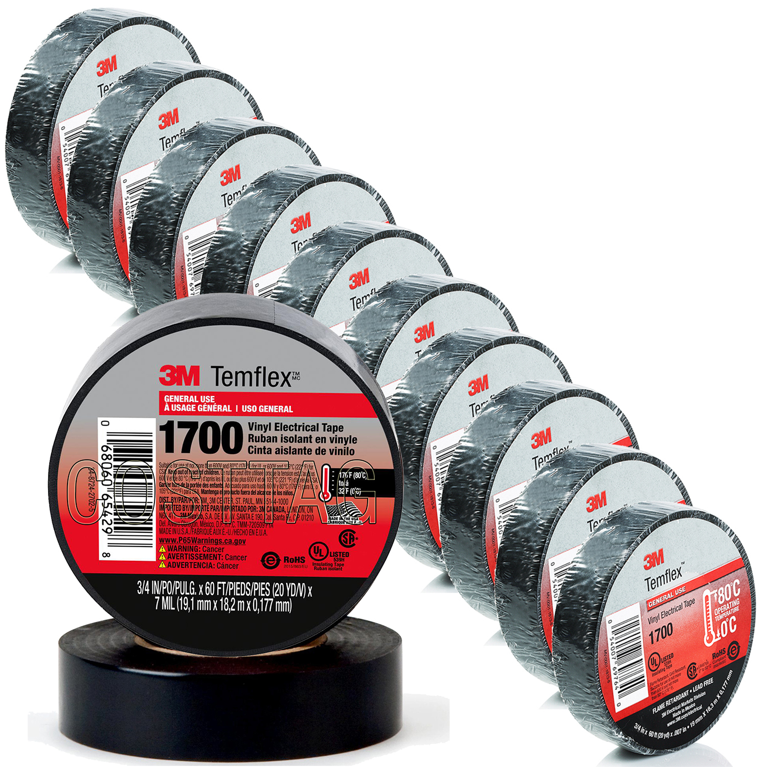 (10 ROLLS) 3M TEMFLEX 1700 ELECTRICAL TAPE BLACK 3/4" x 60 FT INSULATED ELECTRIC