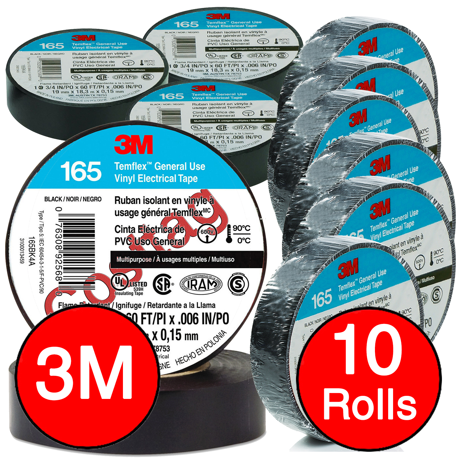 (10 ROLLS) 3M TEMFLEX 1700 ELECTRICAL TAPE BLACK 3/4" x 60 FT INSULATED ELECTRIC