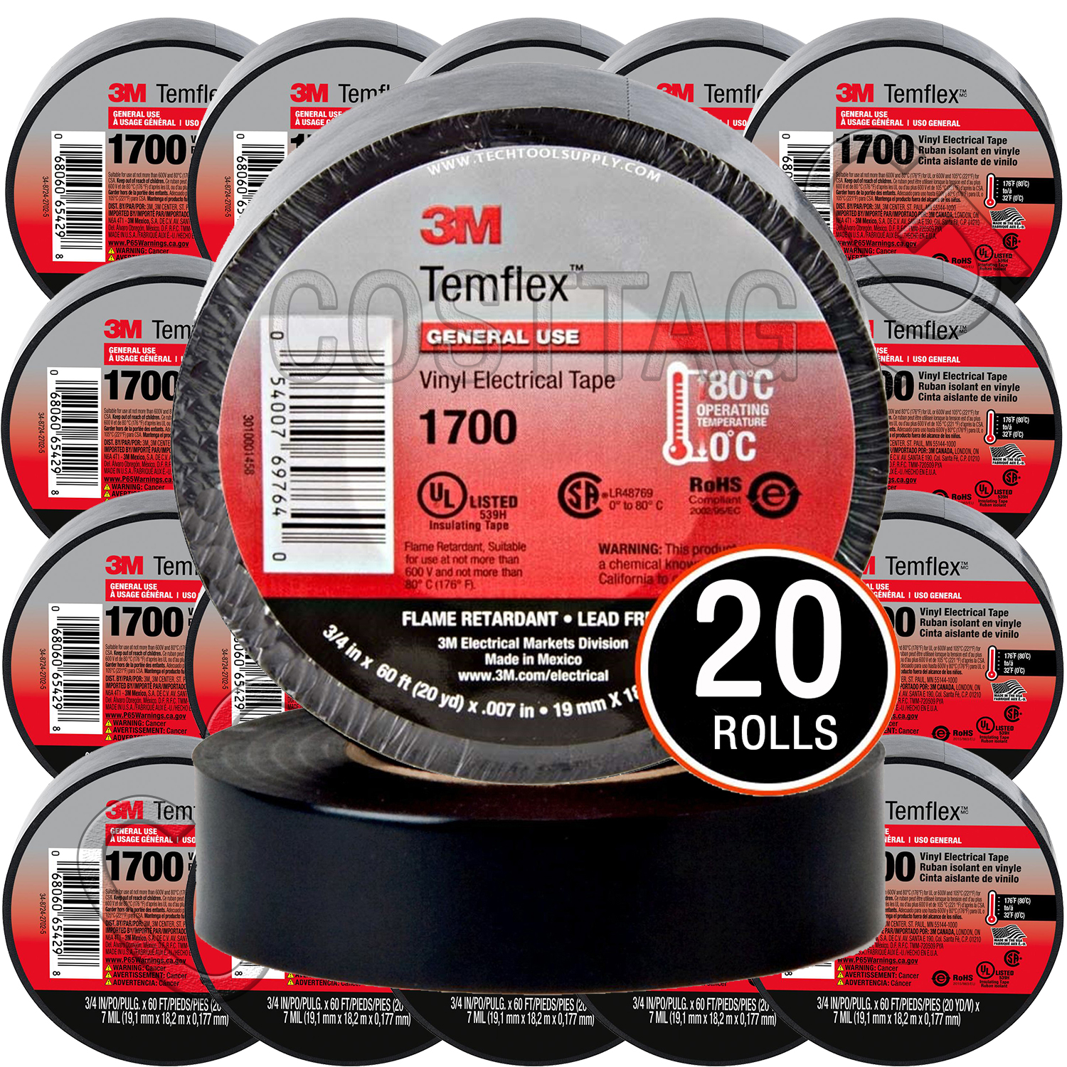 20 ROLLS. 3M TEMFLEX 1700 ELECTRICAL TAPE BLACK 3/4" x 60 FT INSULATED ELECTRIC