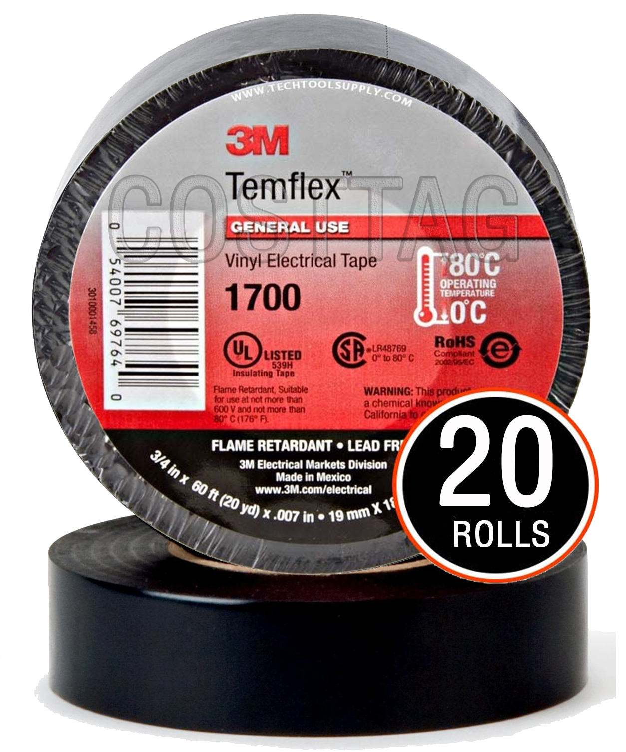 20 ROLLS. 3M TEMFLEX 1700 ELECTRICAL TAPE BLACK 3/4" x 60 FT INSULATED ELECTRIC