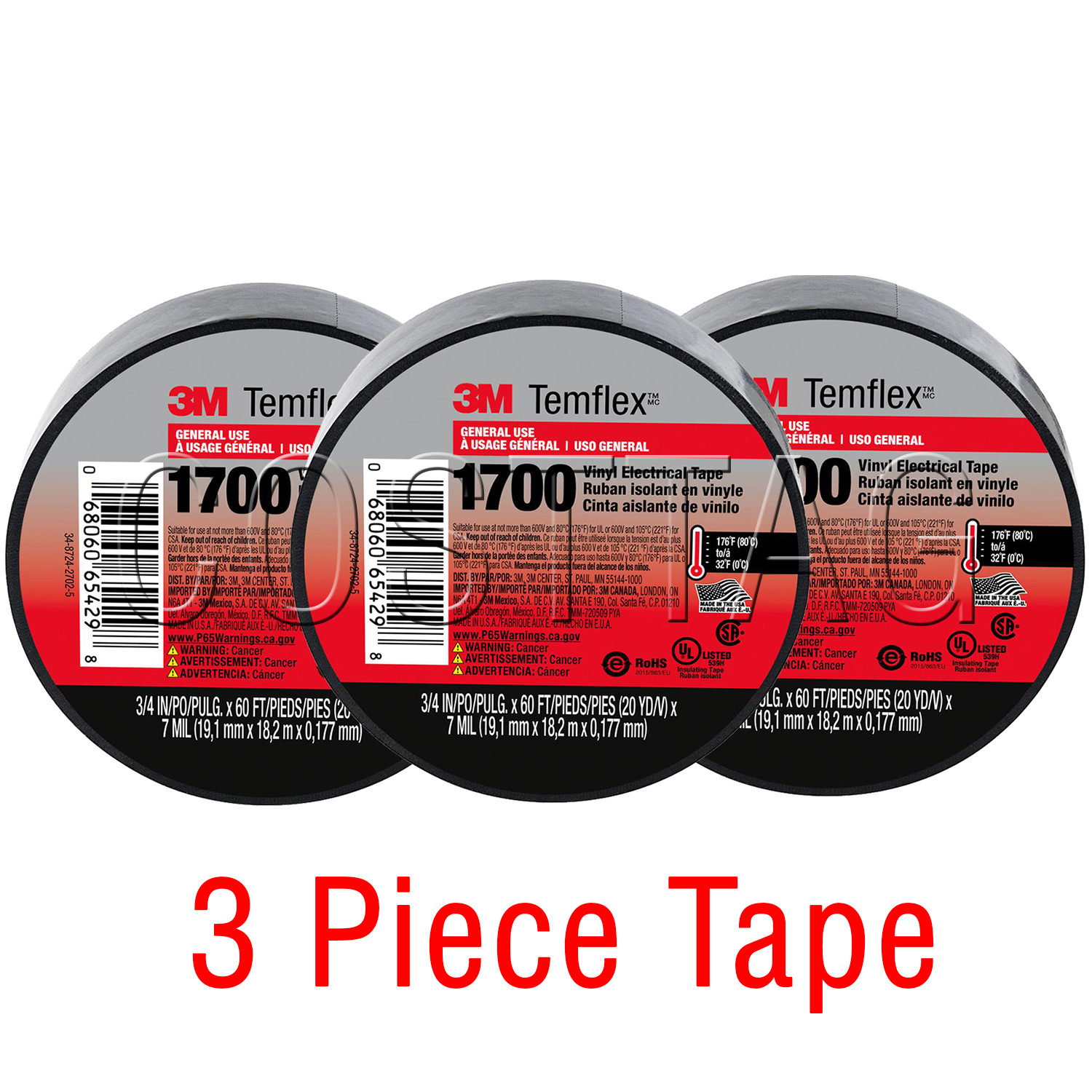 (3 ROLLS) 3M TEMFLEX 1700 ELECTRICAL TAPE BLACK 3/4" x 60 FT INSULATED ELECTRIC