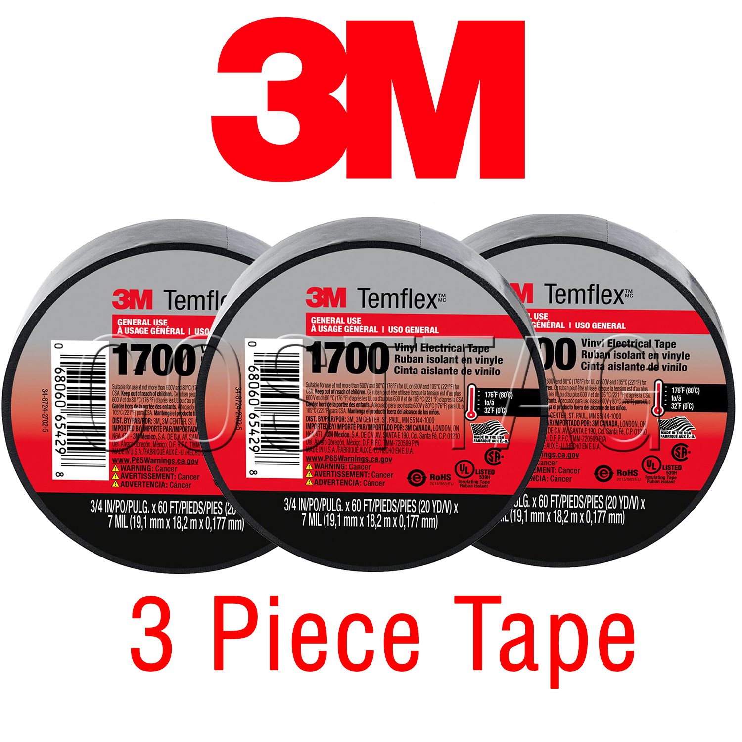 (3 ROLLS) 3M TEMFLEX 1700 ELECTRICAL TAPE BLACK 3/4" x 60 FT INSULATED ELECTRIC