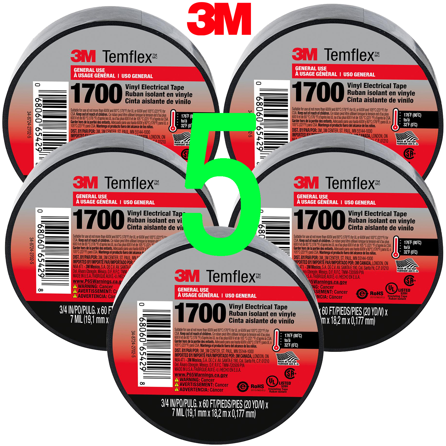 (5 ROLLS) 3M TEMFLEX 1700 ELECTRICAL TAPE BLACK 3/4" x 60 FT INSULATED ELECTRIC