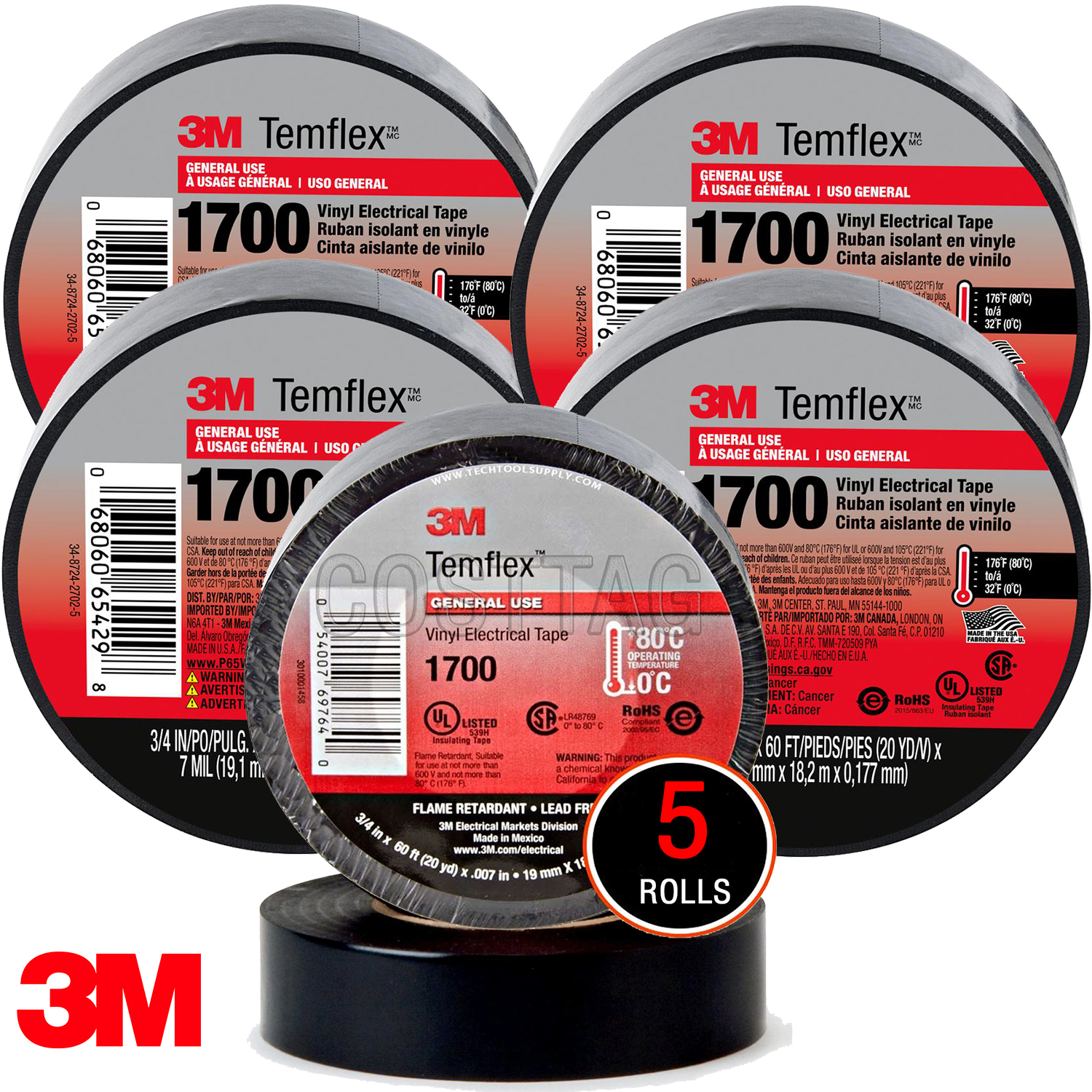 (5 ROLLS) 3M TEMFLEX 1700 ELECTRICAL TAPE BLACK 3/4" x 60 FT INSULATED ELECTRIC