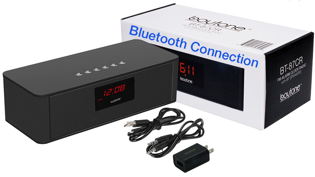 Boytone BT-87CR Portable FM Radio Alarm Clock, Wireless Bluetooth 4.1 Speaker, Built