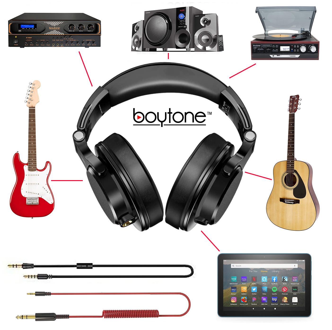 Boytone BT-10BK Wired Over Ear Headphones Studio Monitor & Mixing DJ Stereo Headsets with 50mm Drivers