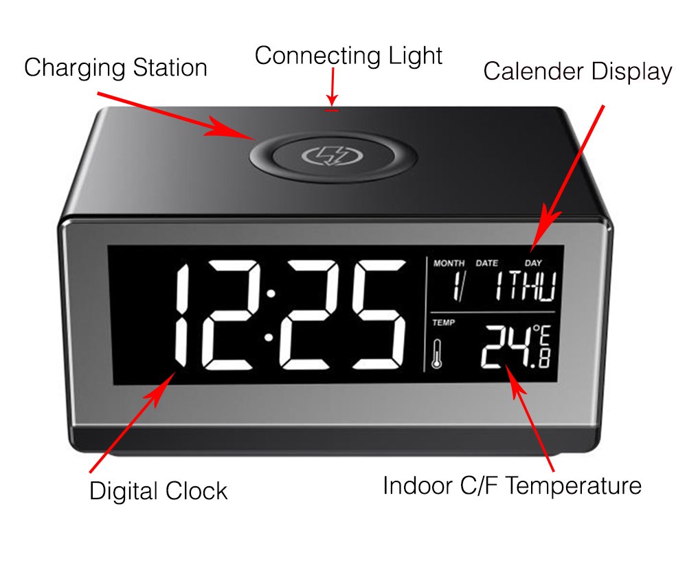 Boytone BT-12B Fast Wireless Charging Digital Alarm Clock with Temperature & Calendar Display, Bed Light