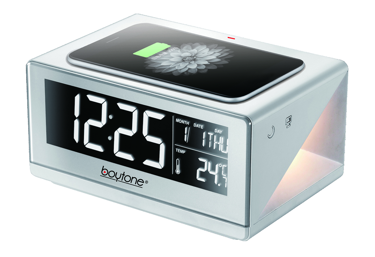 Boytone BT-12W Fast Wireless Charging Digital Alarm Clock with Temperature & Calendar Display, Bed Light