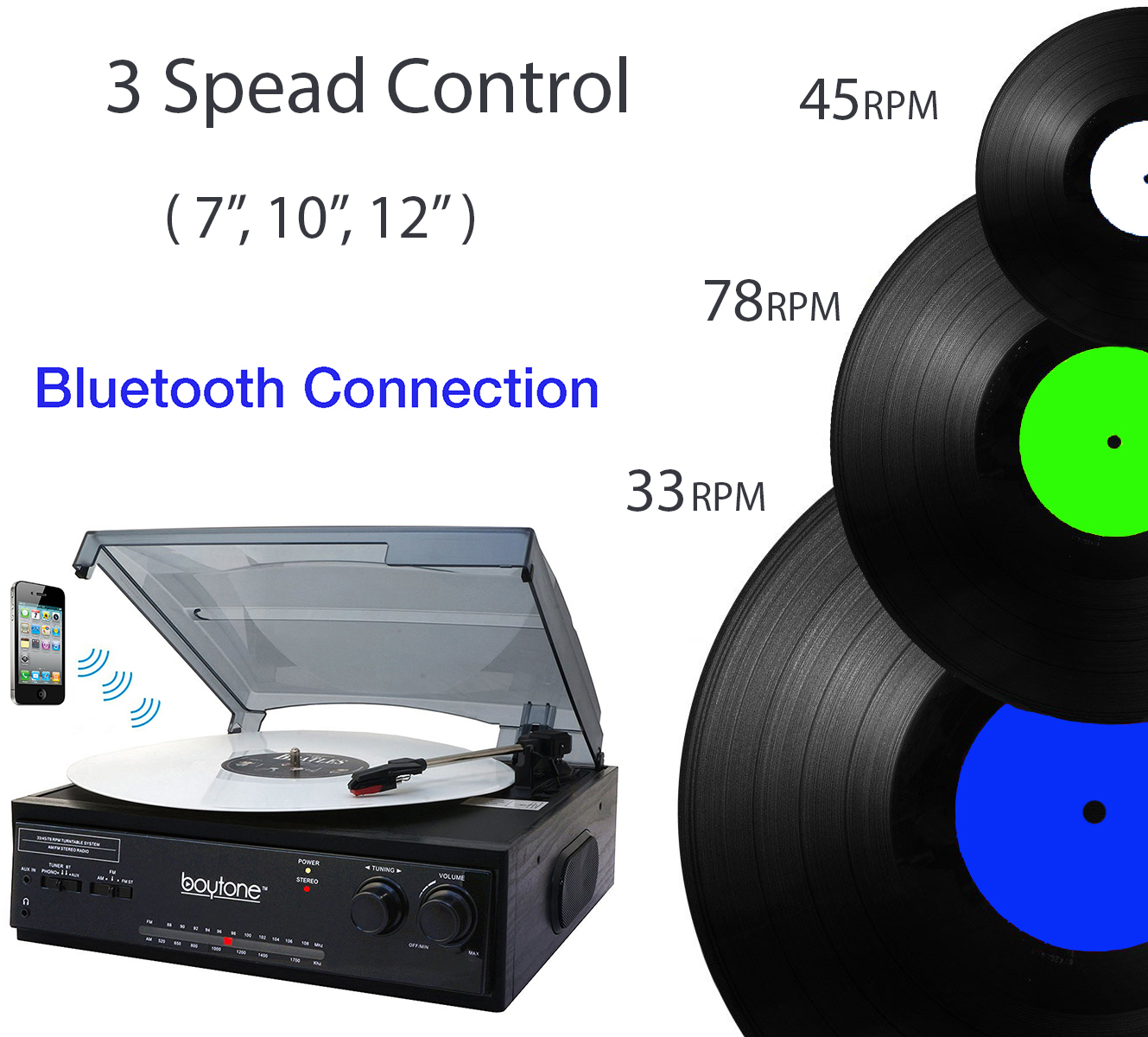 Boytone BT-13B with Bluetooth Connection 3-Speed Stereo Turntable Belt Drive 33/45/7