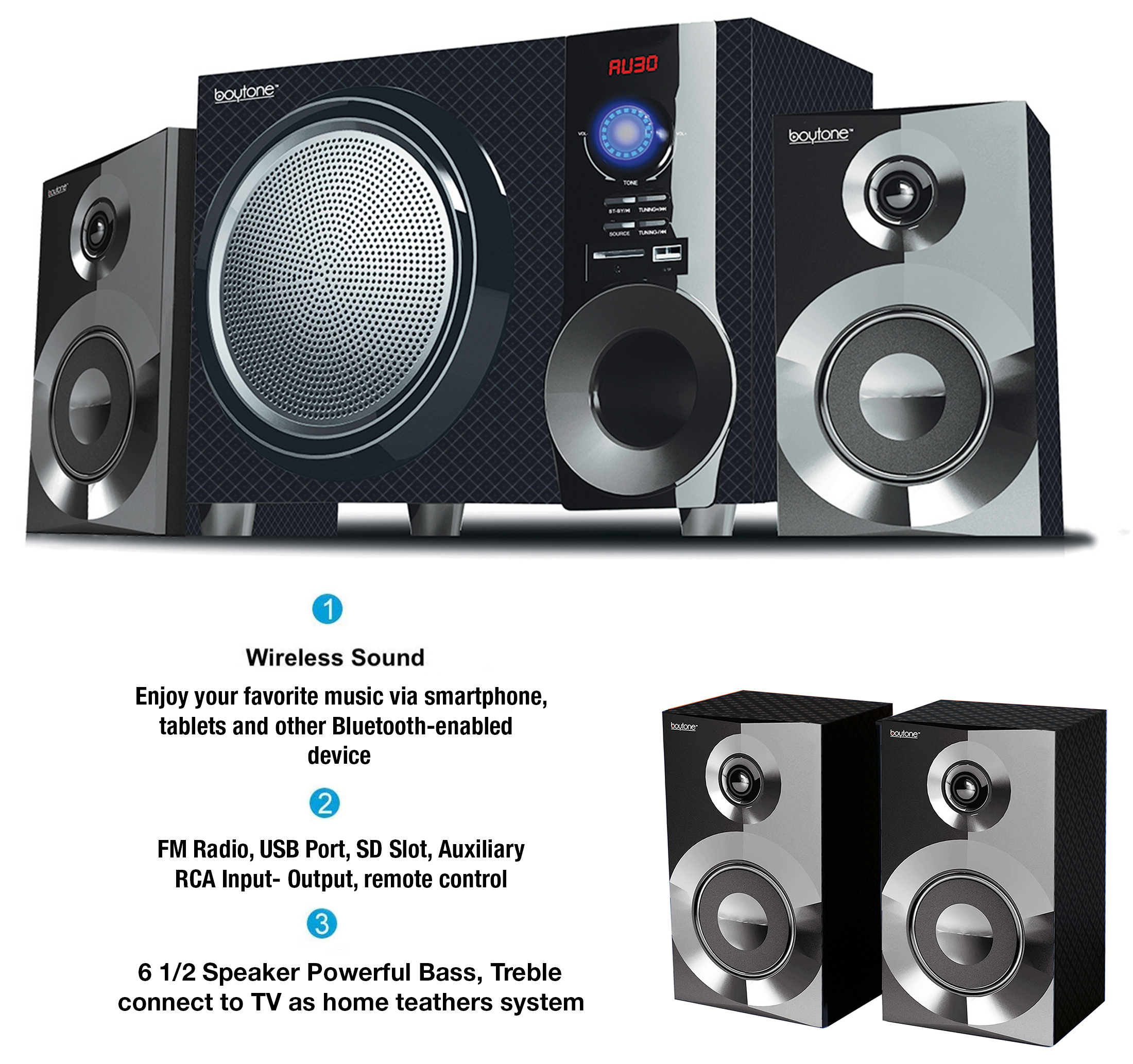 Boytone BT-215FD Wireless Bluetooth 30-Watt Speaker System with FM Radio