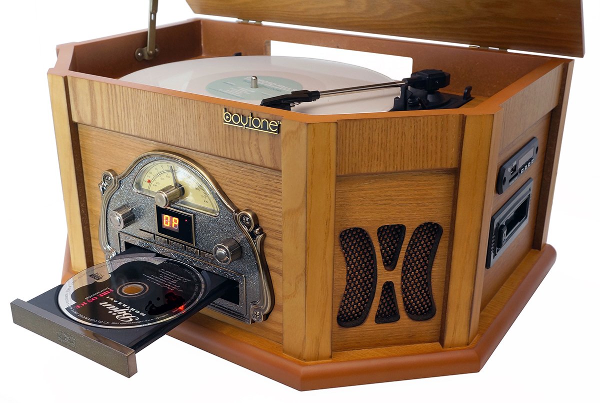 8-in-1 Boytone BT-25PW with Bluetooth Connection Natural wood Classic Turntable