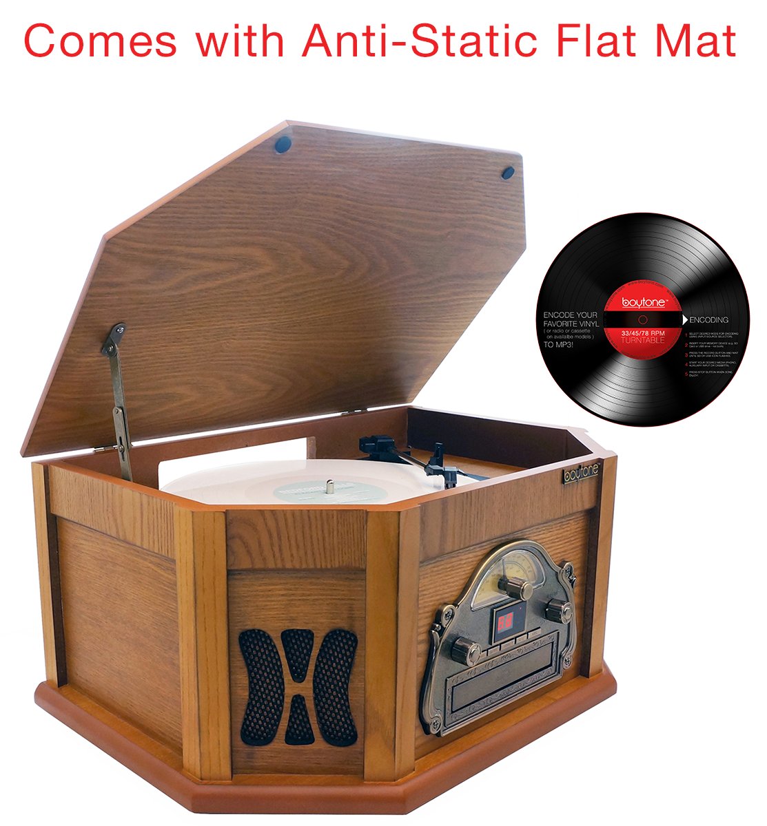 8-in-1 Boytone BT-25PW with Bluetooth Connection Natural wood Classic Turntable