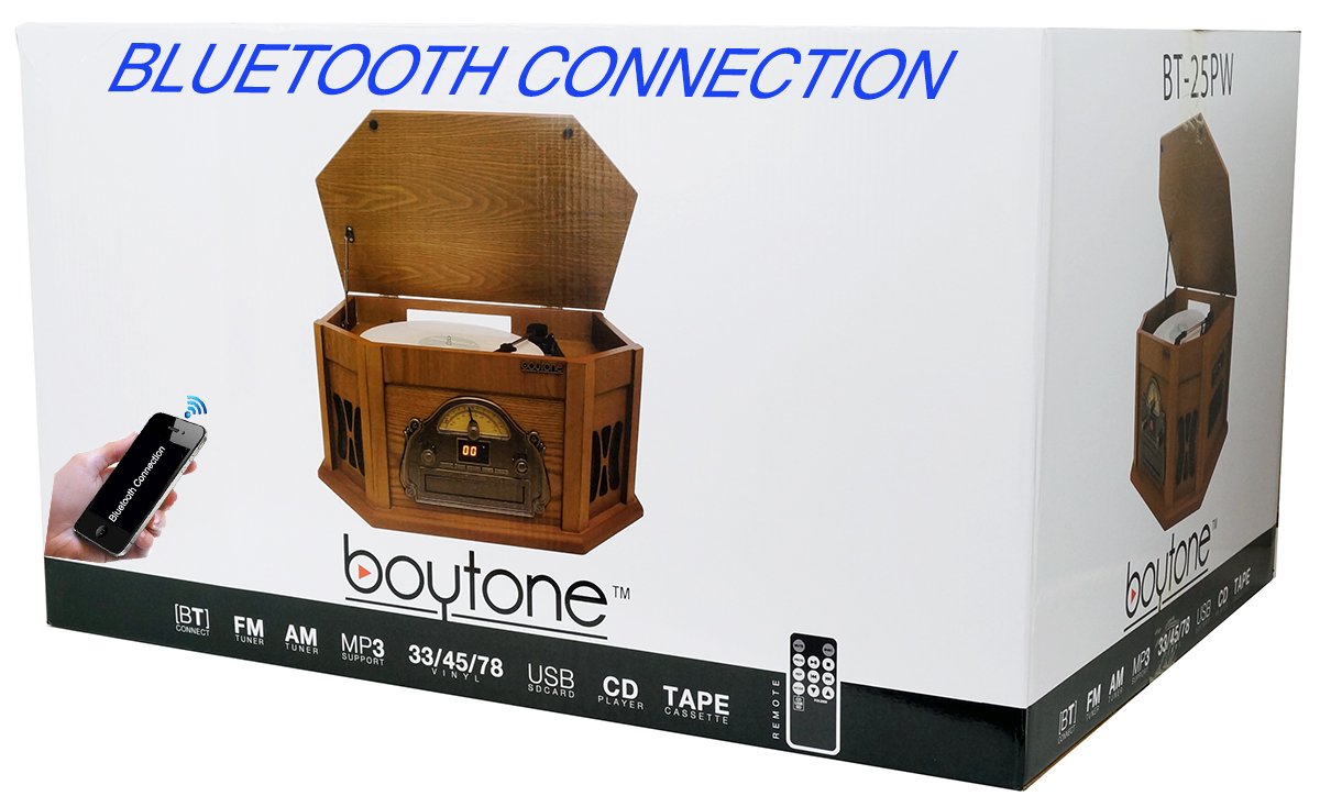 8-in-1 Boytone BT-25PW with Bluetooth Connection Natural wood Classic Turntable