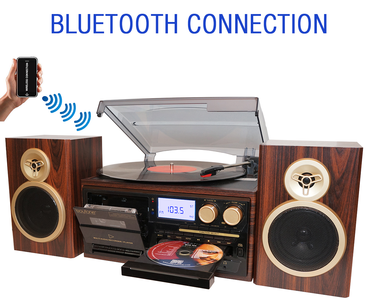 Boytone BT-28SPM, Bluetooth Classic Style Record Player Turntable with AM/FM Radio,