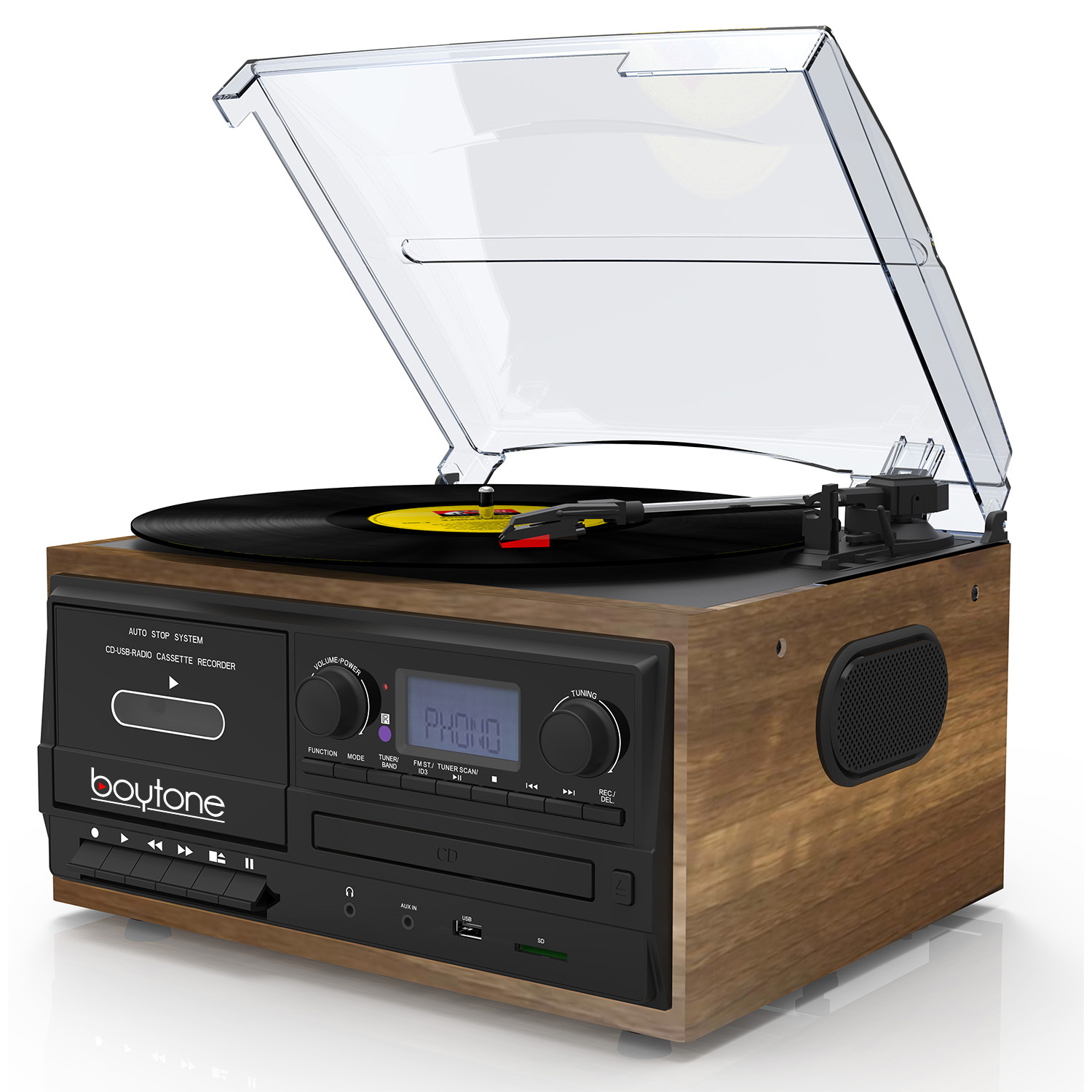 Boytone BT-32W, Bluetooth Record Player Turntable, AM/FM Radio, Cassette, CD Player, 2 Built in Speaker, Ability to Convert Vinyl, Radio, Cassette, CD to MP3 Without a Computer, SD Slot, USB, AUX