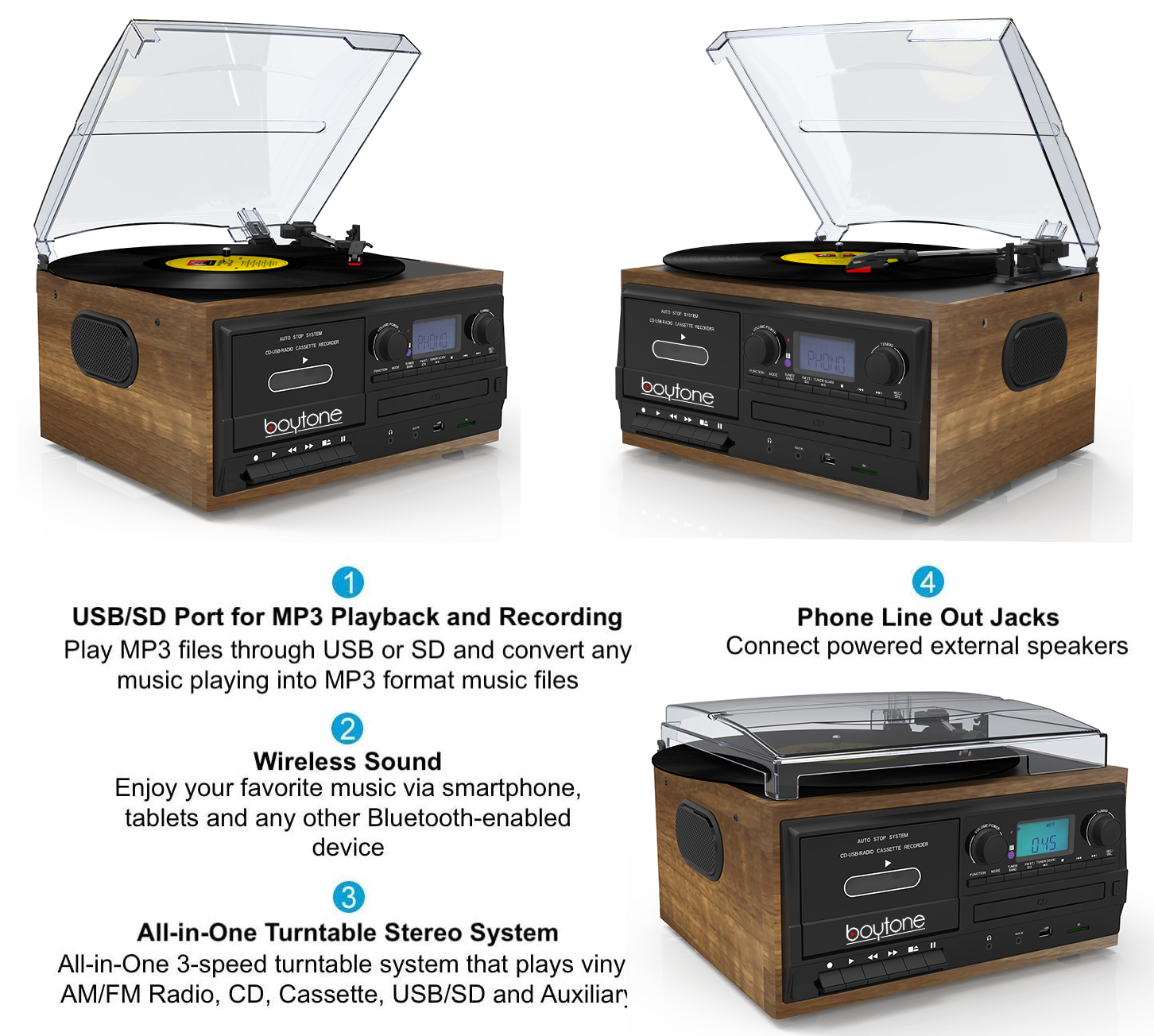 Boytone BT-32W, Bluetooth Record Player Turntable, AM/FM Radio, Cassette, CD Player, 2 Built in Speaker, Ability to Convert Vinyl, Radio, Cassette, CD to MP3 Without a Computer, SD Slot, USB, AUX