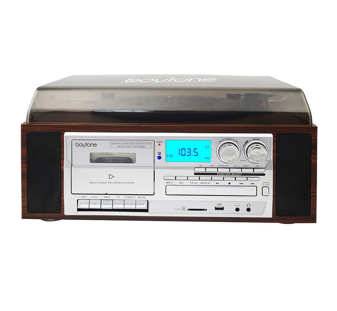 Boytone BT-38SM, Bluetooth Classic Style Record Player Turntable with AM/FM Radio, CD / Cassette Player