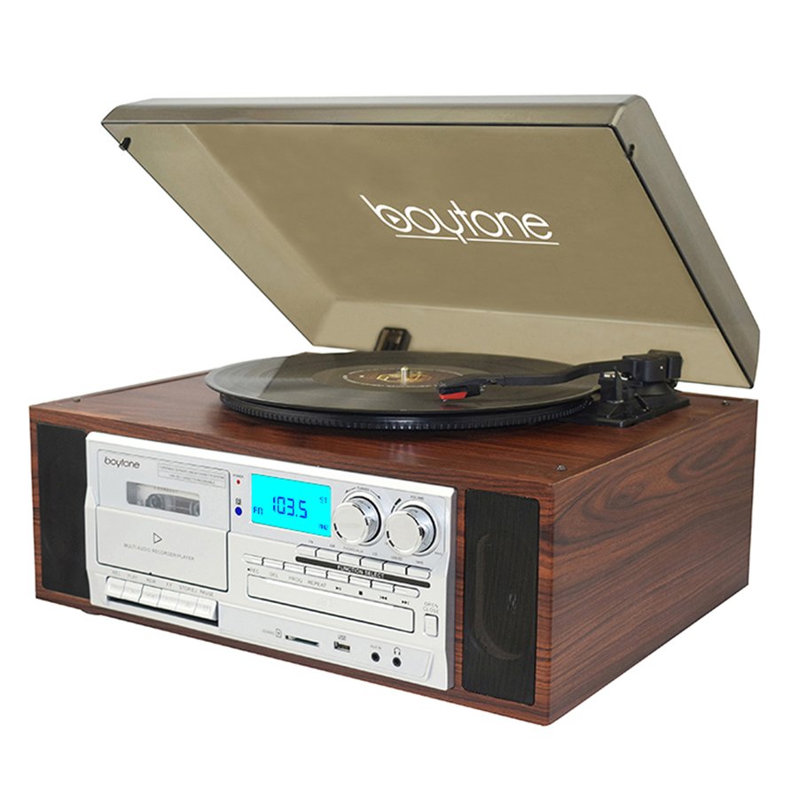 Boytone BT-38SM, Bluetooth Classic Style Record Player Turntable with AM/FM Radio, CD / Cassette Player