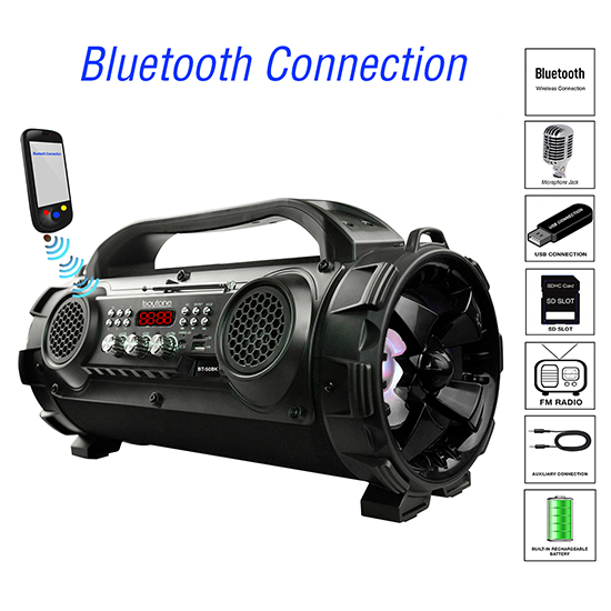 Boytone BT-50BK Portable Bluetooth Speaker, Indoor/Outdoor 2.1 Hi-Fi Cylinder Loud Sound