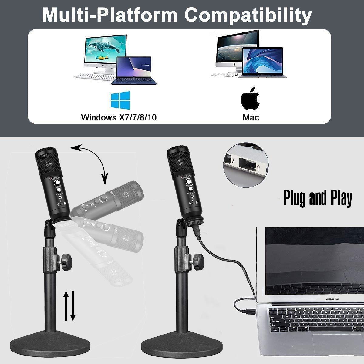 25mm Diaphragm USB Microphone, Computer Cardioid Condenser, PC Gaming Mic with Stand