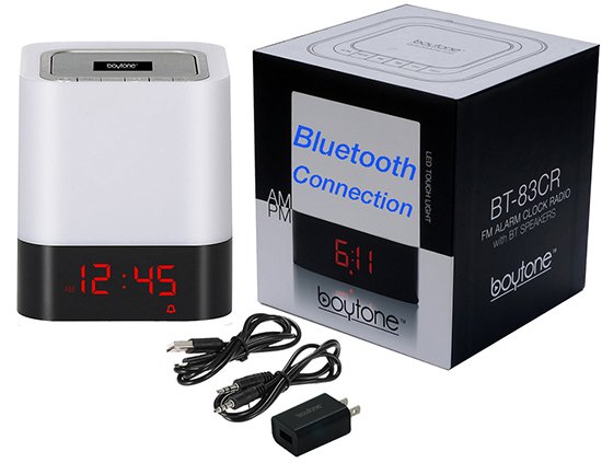 Boytone BT-83CR Portable FM Radio Alarm Clock Wireless Bluetooth 4.1 Speaker, 3-Way