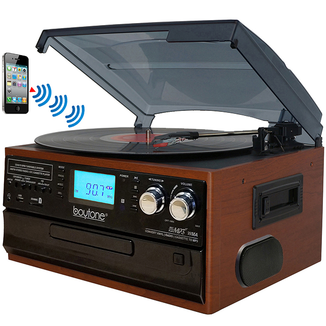 Boytone BT-22MS, Bluetooth Record Player Turntable, AM/FM Radio, Cassette, CD Player  Boytone BT-22MS, Bluetooth Record Player Turntable, AM/FM Radio, Cassette, CD Player