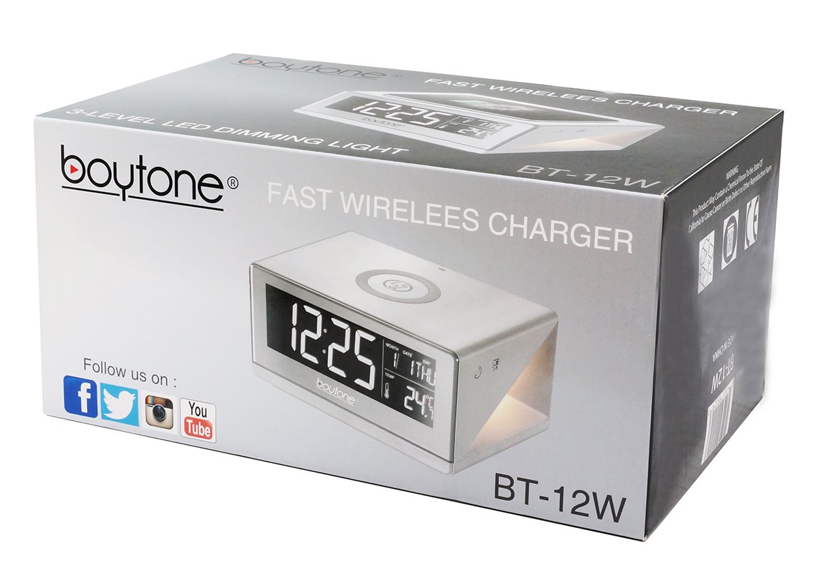 Boytone BT-12W Fast Wireless Charging Digital Alarm Clock with Temperature & Calendar Display, Bed Light