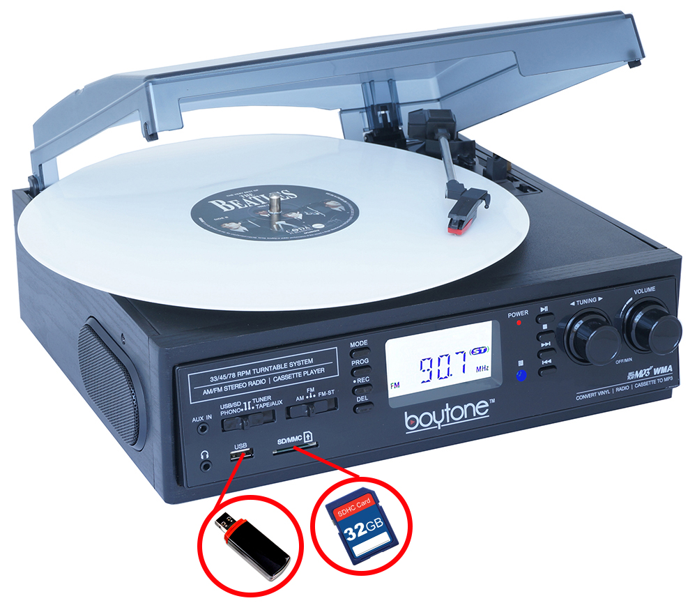 BOYTONE BT-19DJB-C 3-Speed Stereo Turntable - 33/45/78 RPM with AM-FM Radio