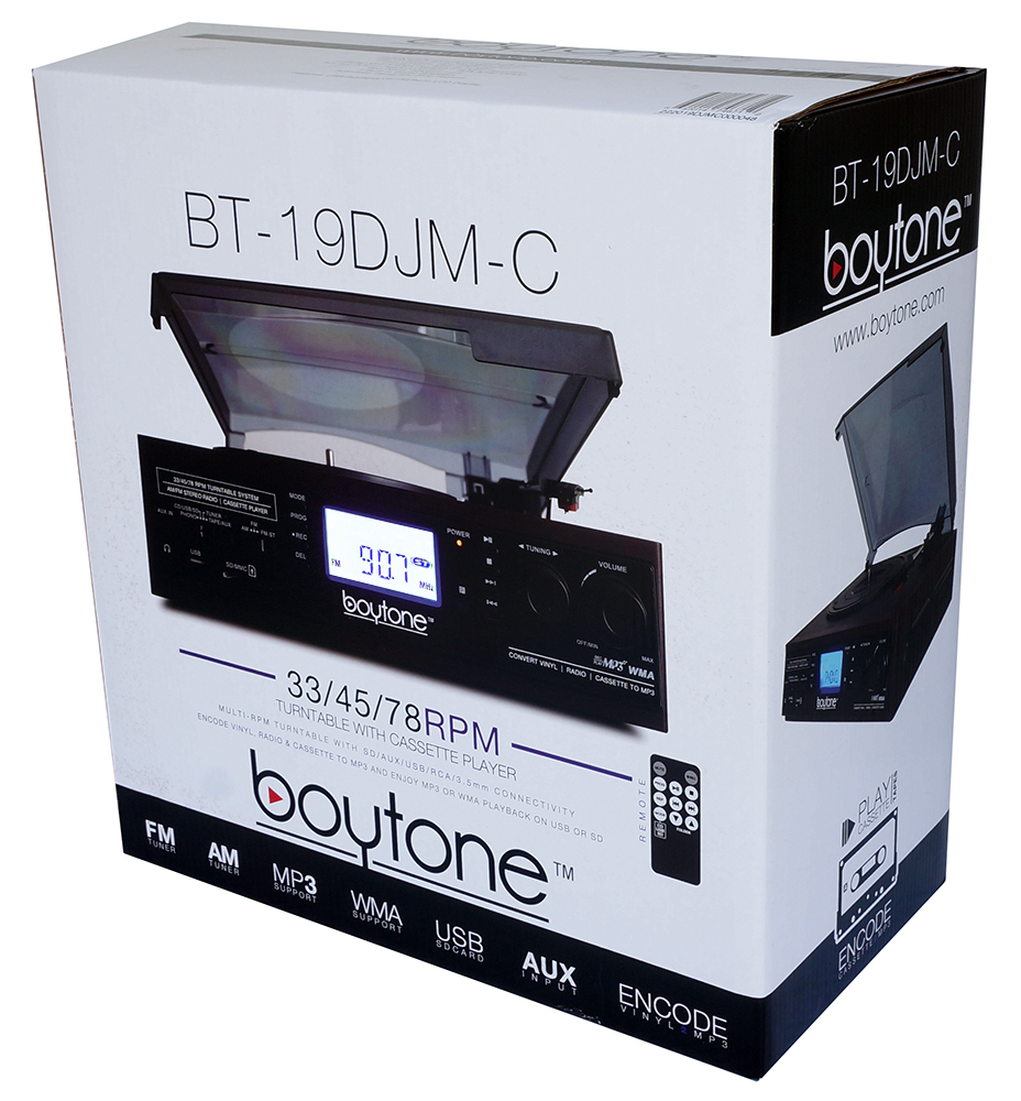 BOYTONE BT-19DJM-C 3-Speed Stereo Turntable - 33/45/78 RPM with AM-FM Radio