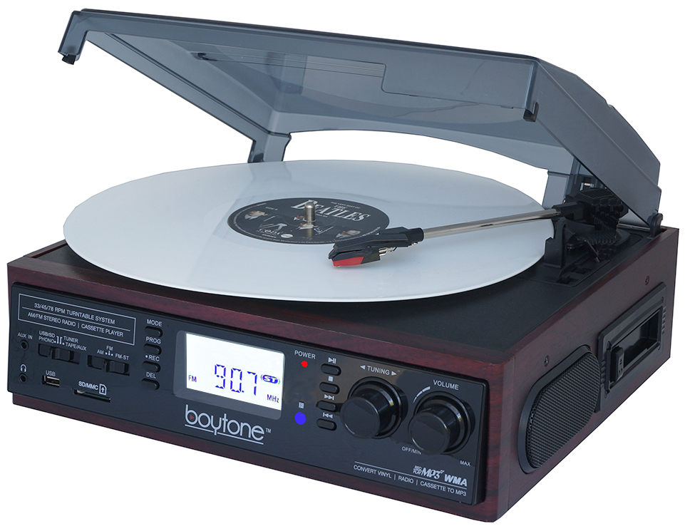 BOYTONE BT-19DJM-C 3-Speed Stereo Turntable - 33/45/78 RPM with AM-FM Radio