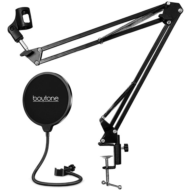 Boytone Bundle Adjustable Microphone Arm Suspension Stand, Plus Upgraded Microphone Pop Filter Mask Shield