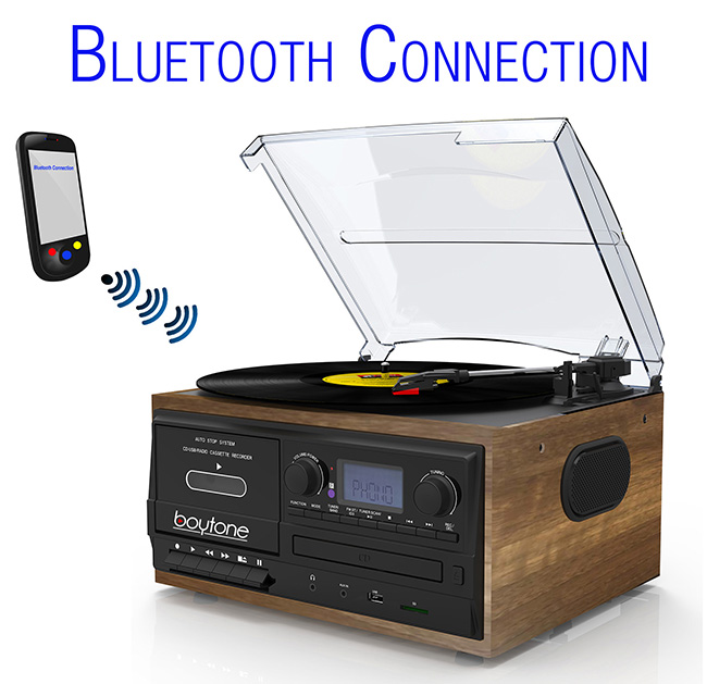 Boytone BT-32W, Bluetooth Record Player Turntable, AM/FM Radio, Cassette, CD Player, 2 Built in Speaker, Ability to Convert Vinyl, Radio, Cassette, CD to MP3 Without a Computer, SD Slot, USB, AUX