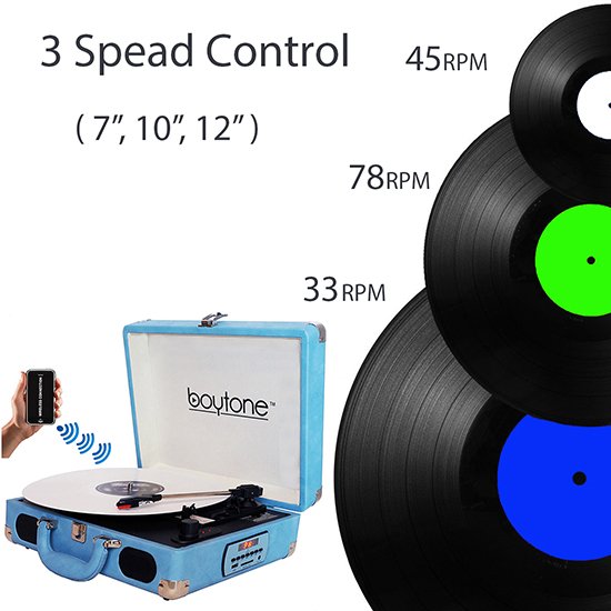 Boytone BT-101LB Bluetooth Turntable Briefcase Record player AC-DC, Built in Recharg