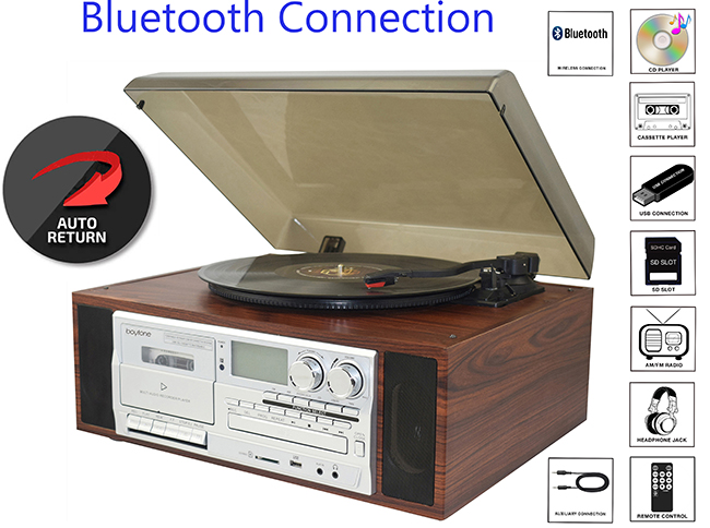 Boytone BT-38SM, Bluetooth Classic Style Record Player Turntable with AM/FM Radio, CD / Cassette Player