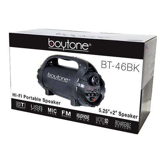 Boytone BT-46BK Portable Bluetooth Indoor/Outdoor 2.1 Hi-Fi Cylinder Loud Speaker Built-in 5.25" + 1.50"