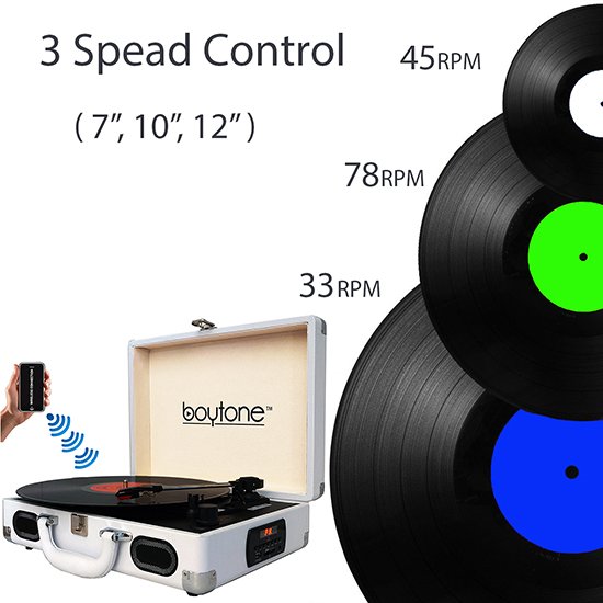 Boytone BT-101WT Bluetooth Turntable Briefcase Record player AC-DC, Built in Recharg